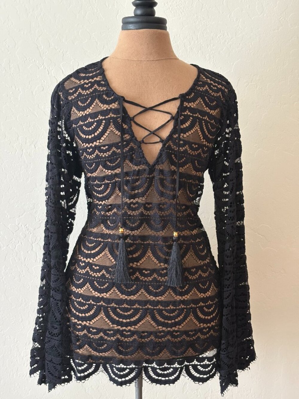 Anthropologie PQ Swim Noah Lace Tunic Mini Dress. Black.